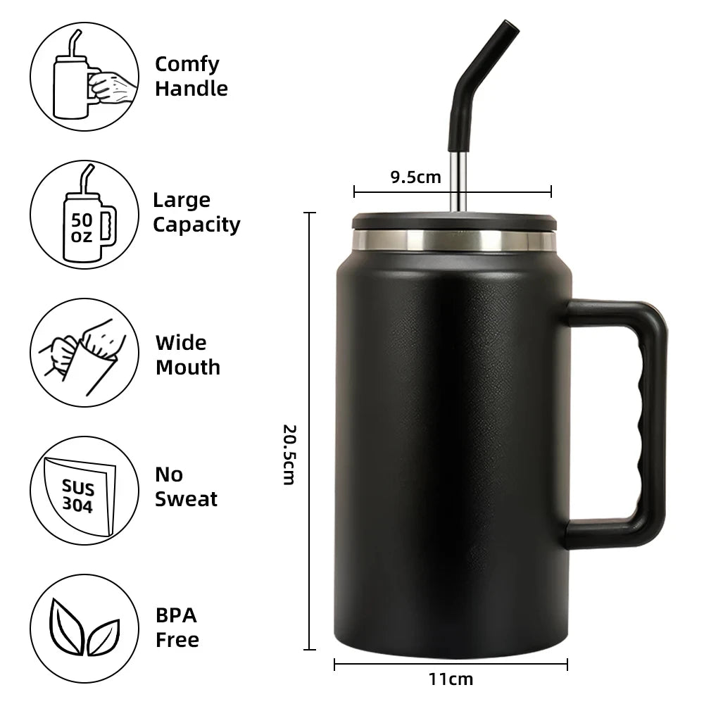 1500ML Thermos Bottle Stainless Steel Tumbler Vacuum Insulated Coffee Cup With Handle and Straw Leak proof Travel Coffee Mug