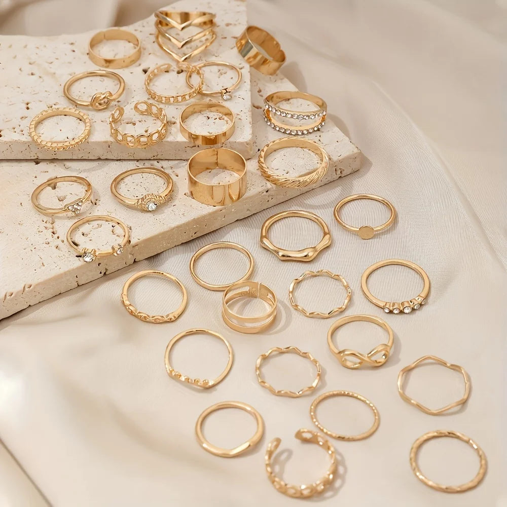 30pcs/set Elegant Stackable Rings Set With Shiny Rhinestone Inlaid, Fashion Infinity Knot Design, Vacation Style Perfect Stylish