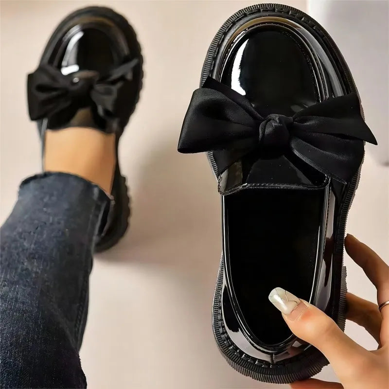 Women Flat Shoes Bow Leather Shoes Ladies 2024 New Autumn Thick Heel Loafers Woman Fashion Comfortable Work Shoes Zapatos