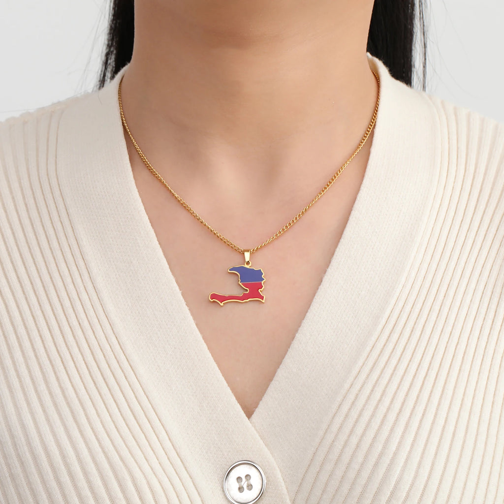 Haiti Map Color of the Haitian Flag Creative Design Pendant Necklace Women Men Stainless Steel Chain Jewelry Birthday Gift