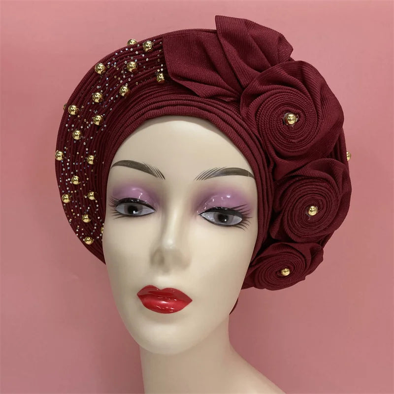 Nigerian gel headgear, with stone bead, already made auto, turban, afro aso ebi gel aso oke, wide brim headgear 7L111802
