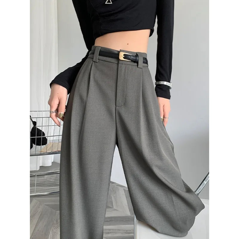 2024 Fall Winter Elegant Gray Suits Pants for Women Office Lady High Waist Wide Leg Fashion Trousers with Pockets Black Pants