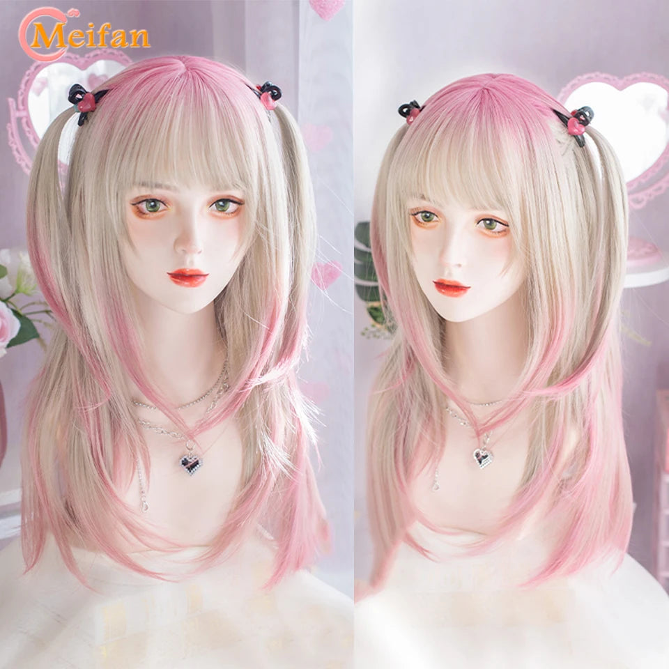 MEIFAN Synthetic Long Straight Lolita Wig with Bang Red Ombre Black Cosplay Party Halloween Christmas Wavy Curly Harajuku Wig