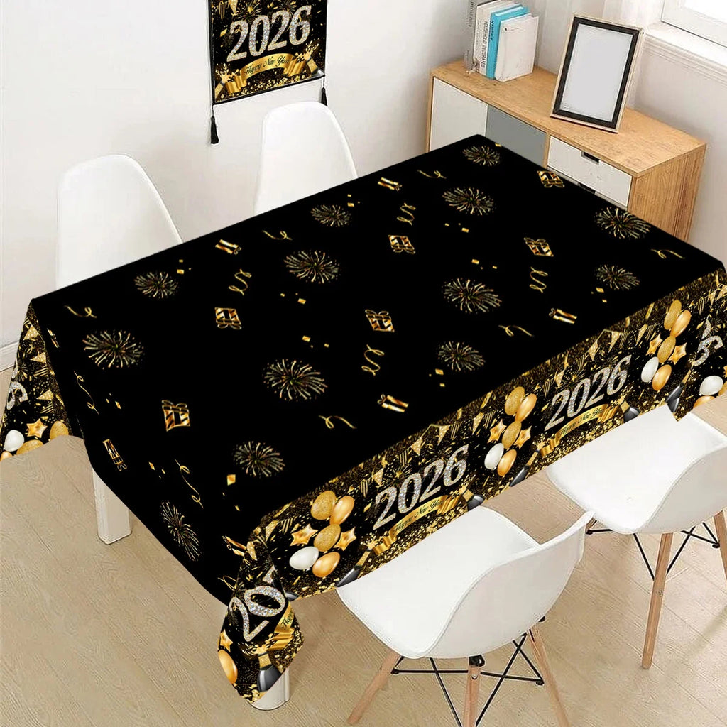 2026 Happy New Year Tablecloth Plastic Table Cover Happy New Year Decorations 2026 for Home Kitchen Dinning Room Table Decor