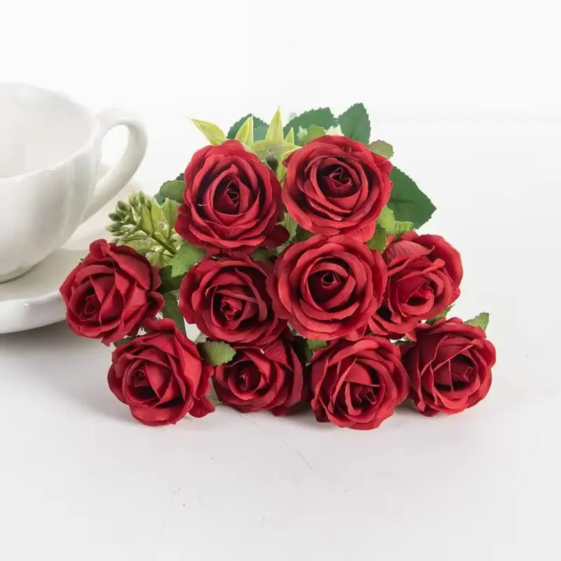 10 Heads Artificial Flowers Scrapbooking Silk Roses Christmas Wedding Party Bouquet Household Products Vases for Home Decoration