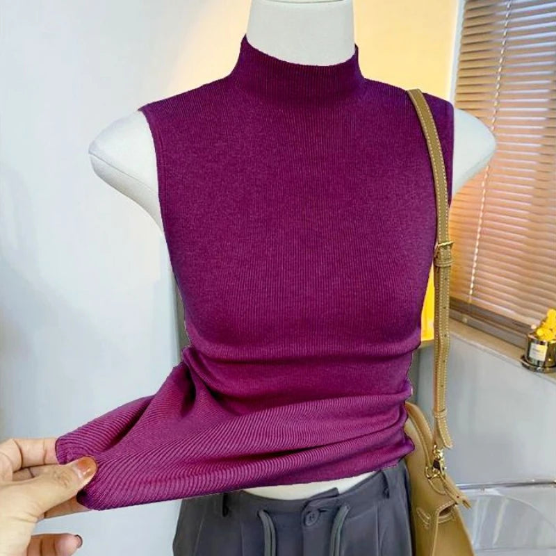 Sweater Vests Women Simple Half High Collar Fashion Autumn Basic Slim Sleeveless Sweaters All-match Ulzzang Leisure Knitting Ins