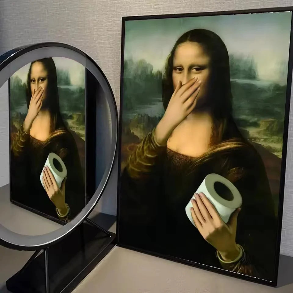 Mona Lisa Bathroom Wall Art Decor Covering Her Nose,Vintage Poster Print Toilet Funny Funny Canvas Painting Wall Home Decor Art