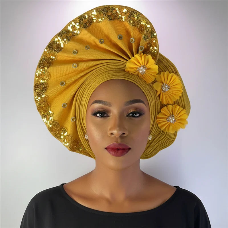 Nigerian gel headgear, with stone bead, already made auto, turban, afro aso ebi gel aso oke, wide brim headgear 7L111802