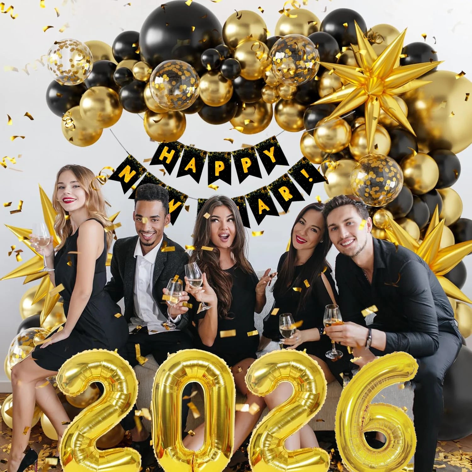 121Pcs 2026 NYE Balloon Arch Kit - Black Gold Balloons & Banner for New Year Party Decorations