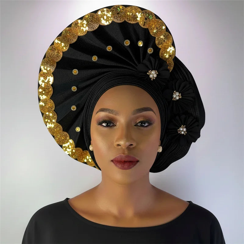 Nigerian gel headgear, with stone bead, already made auto, turban, afro aso ebi gel aso oke, wide brim headgear 7L111802
