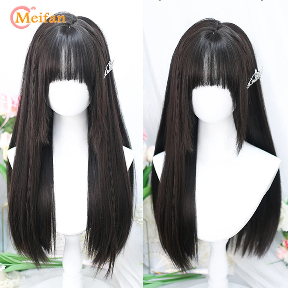 MEIFAN Synthetic Long Straight Lolita Wig with Bang Red Ombre Black Cosplay Party Halloween Christmas Wavy Curly Harajuku Wig