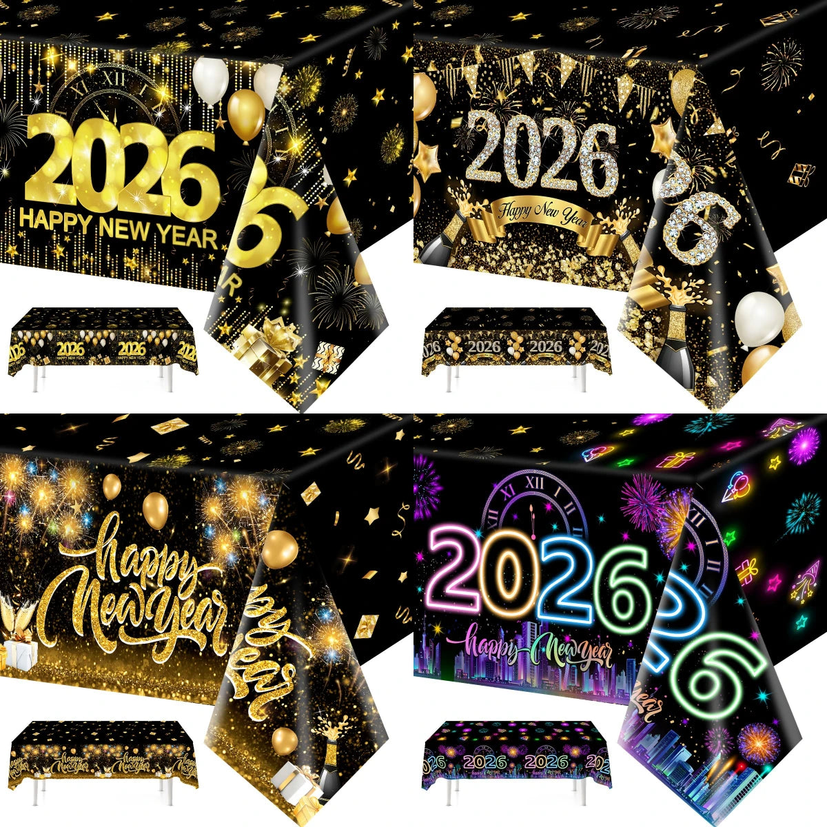 2026 Happy New Year Tablecloth Plastic Table Cover Happy New Year Decorations 2026 for Home Kitchen Dinning Room Table Decor