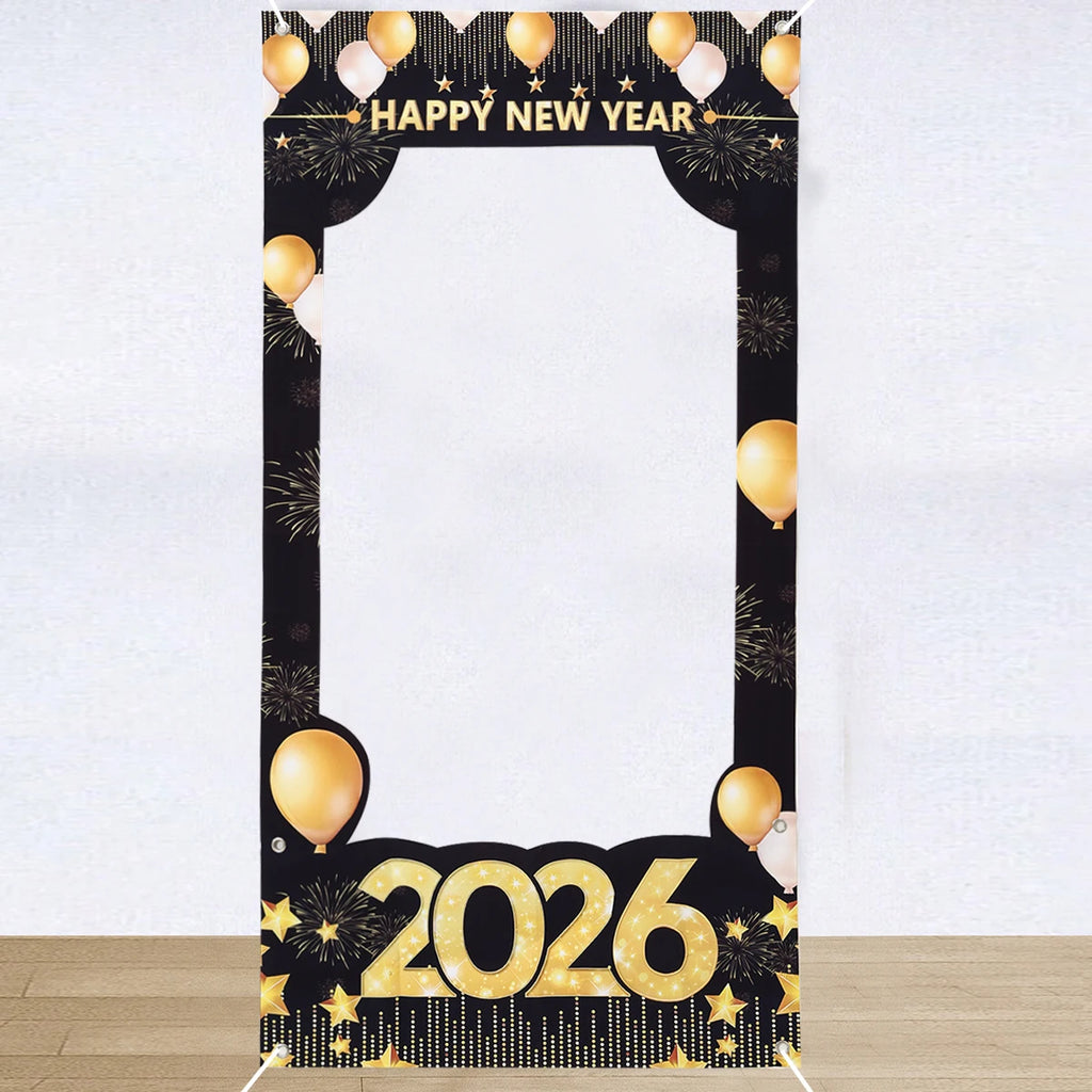 2026 Happy New Year Photo Frame Photo Booth Props Firework Shiny New Year Background Prop Golden Balloon Photography Backdrop