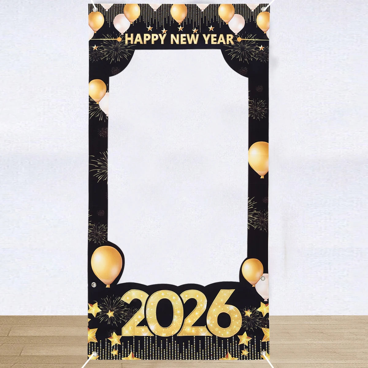 2026 Happy New Year Photo Frame Photo Booth Props Firework Shiny New Year Background Prop Golden Balloon Photography Backdrop