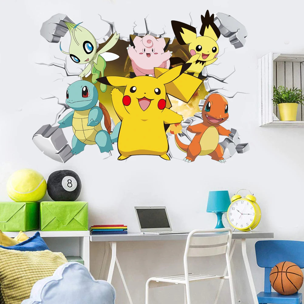 Potdemiel Cartoon Pikachu Wall Stickers For Kid's Room Kindergarten Living Room Bedroom DIY Wall Decoration Poster Bedroom Decor