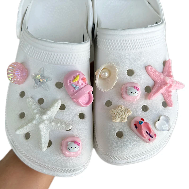 Summer Blue Ocean Theme Beach-Browned Hello Kitty Shoe Charms Starfish Sandal & Clog Decorations Holiday Gift for Women Girls