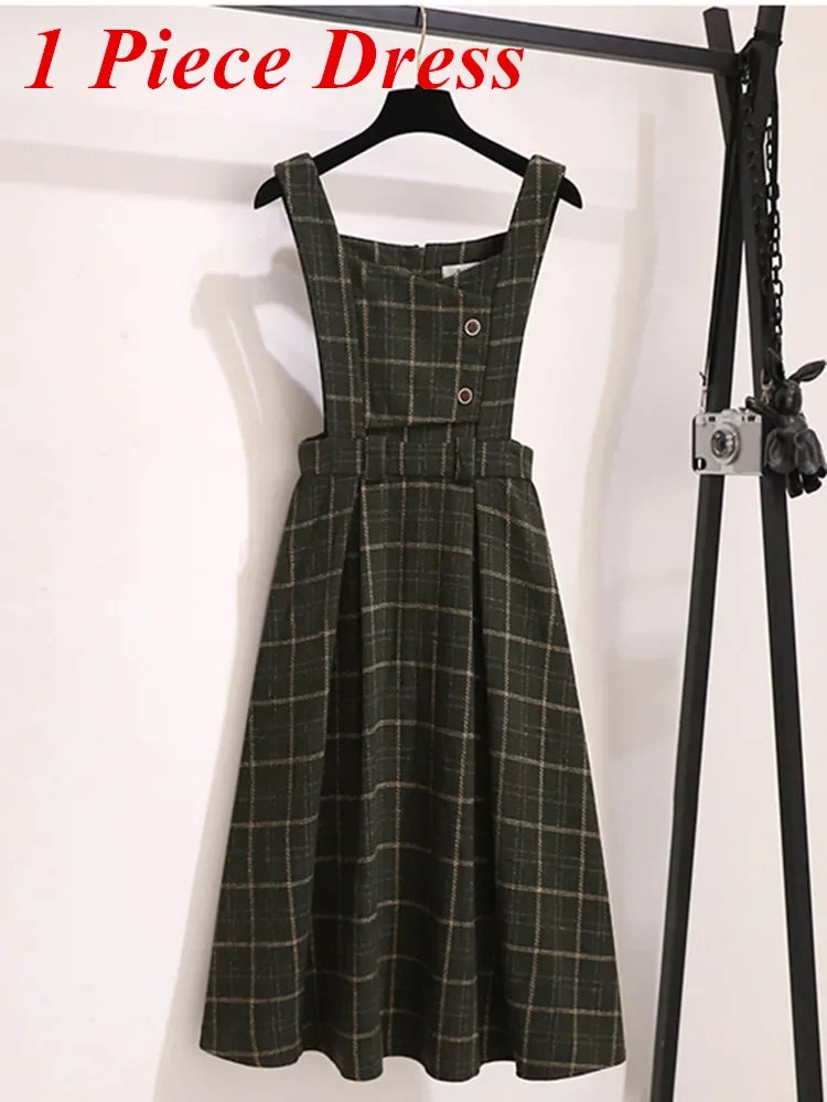 High Quality Fall Winter Women Sweater Overalls Dress Sets Casual Knitted Tops +Plaid Woolen Dress 2 Piece Sets Outfits Female