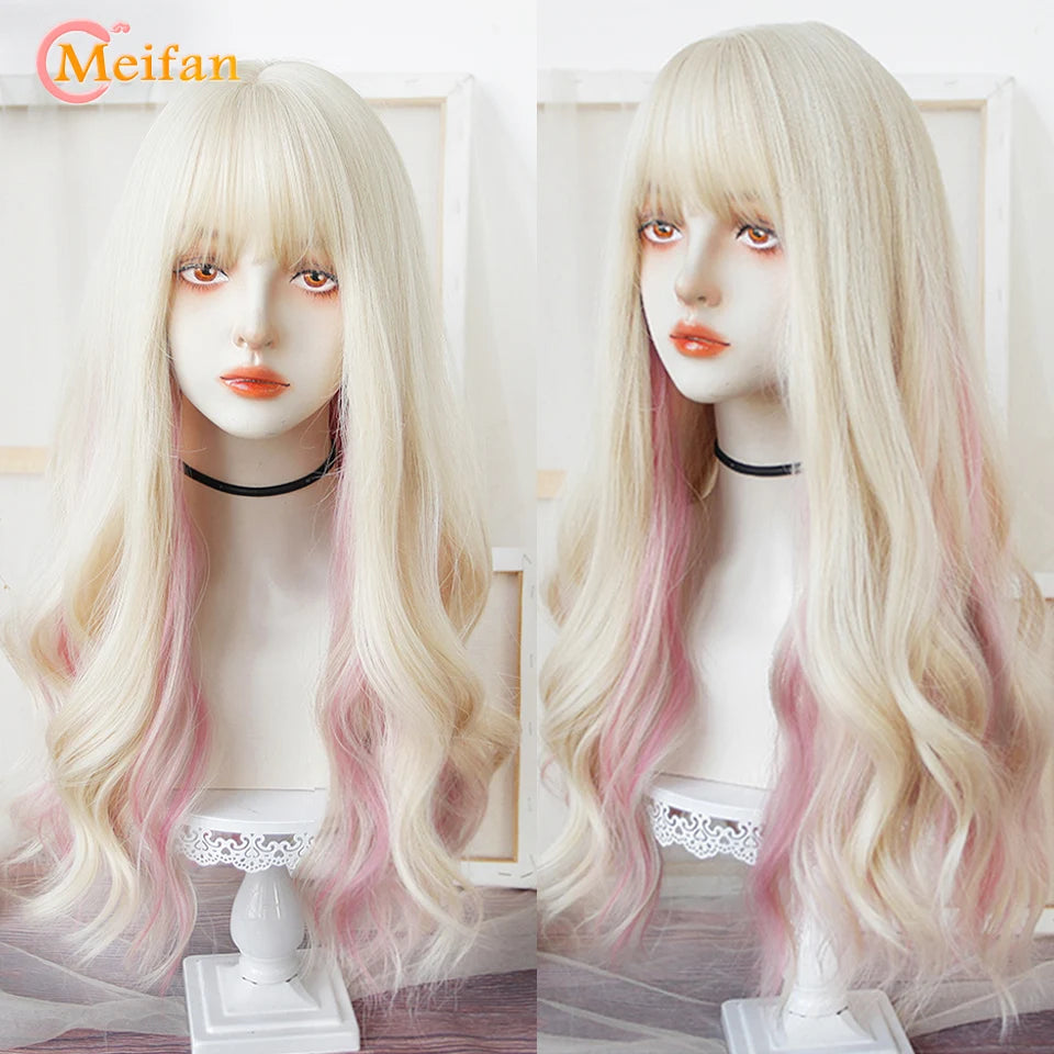 MEIFAN Synthetic Long Straight Lolita Wig with Bang Red Ombre Black Cosplay Party Halloween Christmas Wavy Curly Harajuku Wig