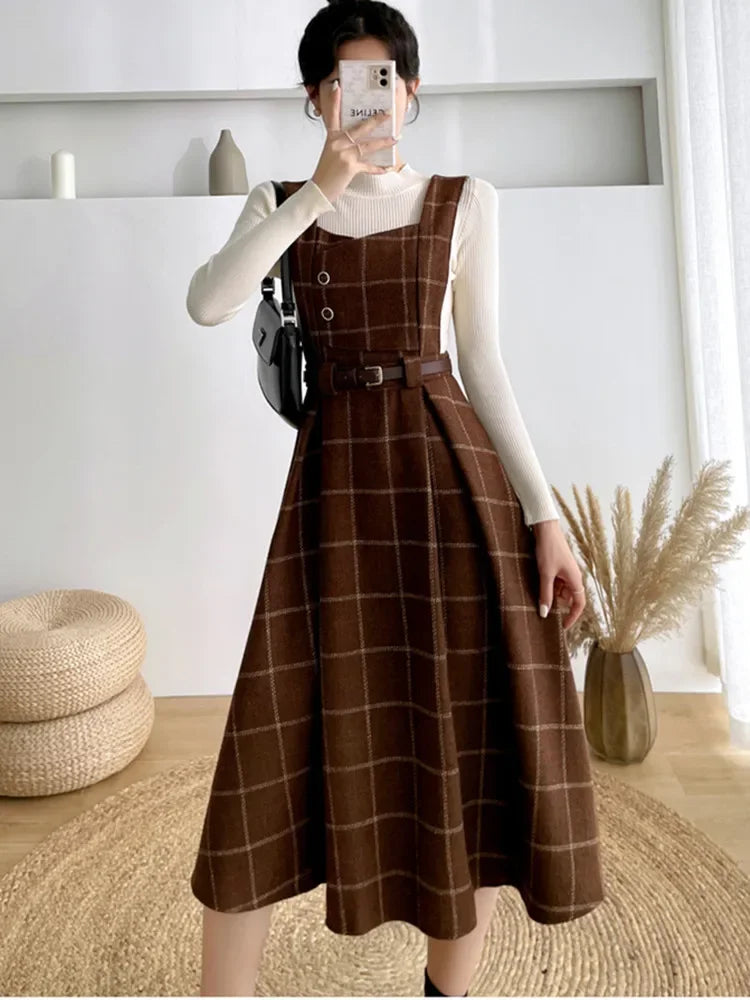 High Quality Fall Winter Women Sweater Overalls Dress Sets Casual Knitted Tops +Plaid Woolen Dress 2 Piece Sets Outfits Female