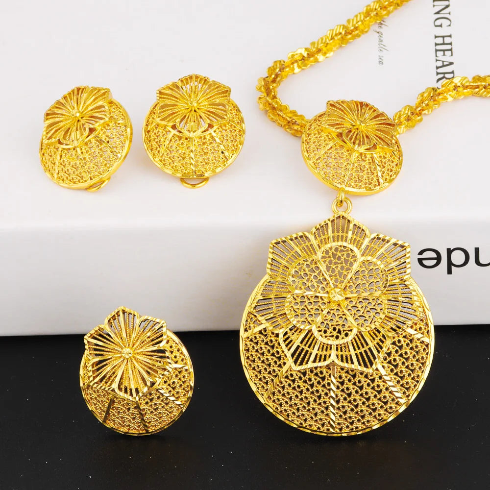 Nigerian Jewelery Set Wedding Jewelry For Women Dubai Gold Color Warped Geometry Necklace Earrings Bridal Wedding Party Gift