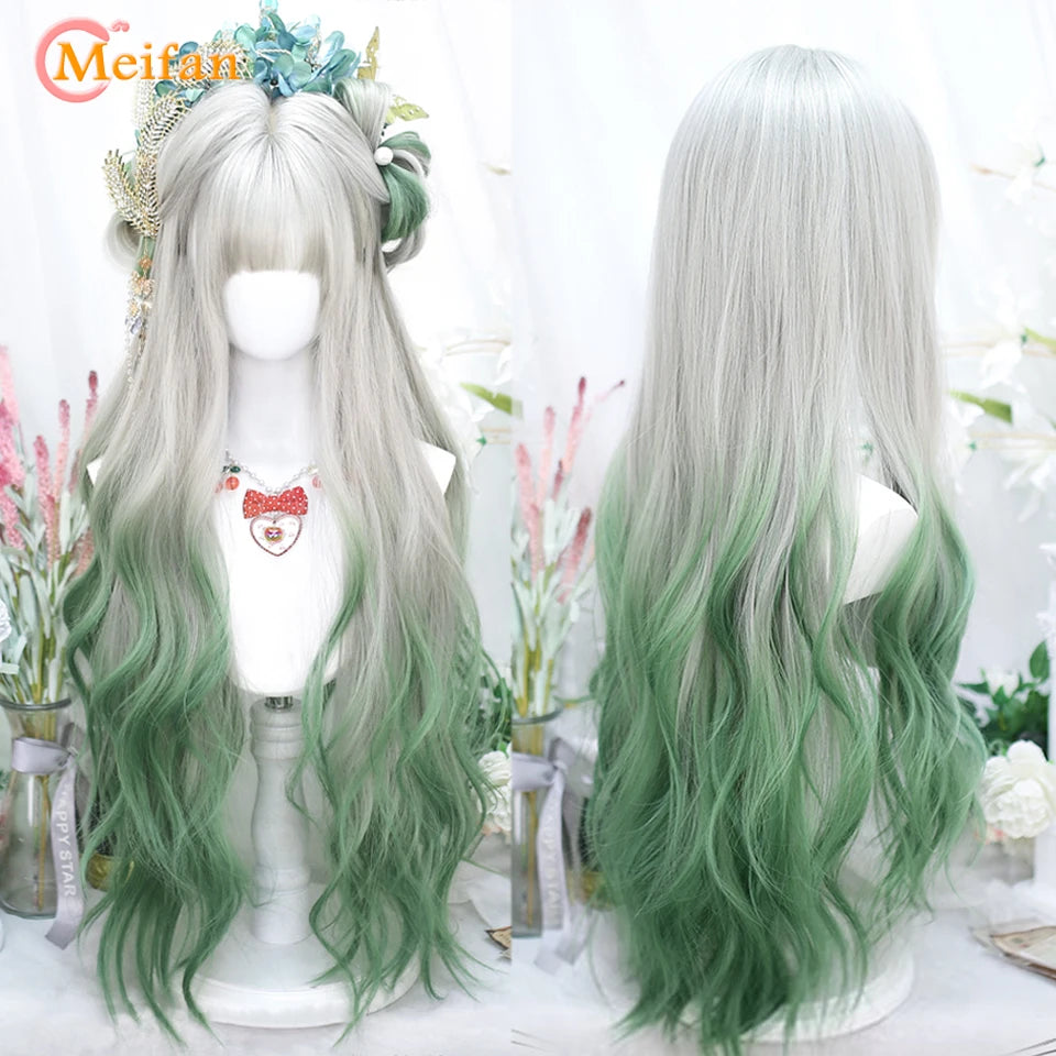 MEIFAN Synthetic Long Straight Lolita Wig with Bang Red Ombre Black Cosplay Party Halloween Christmas Wavy Curly Harajuku Wig