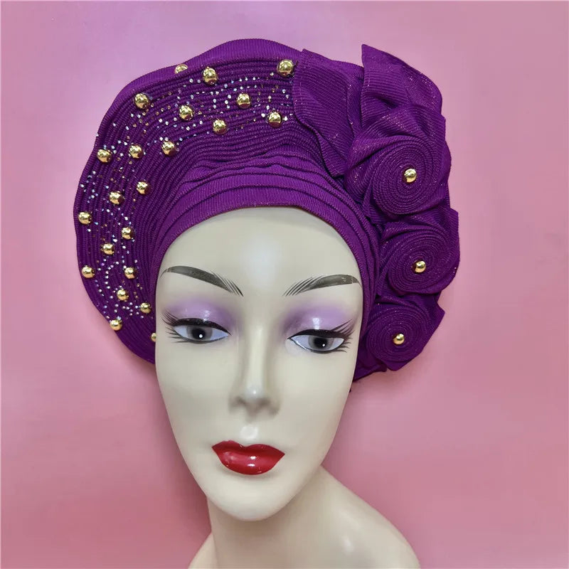 Nigerian gel headgear, with stone bead, already made auto, turban, afro aso ebi gel aso oke, wide brim headgear 7L111802