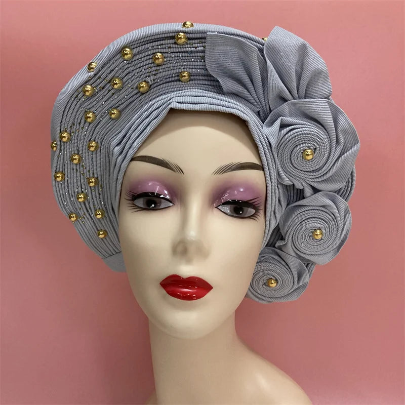 Nigerian gel headgear, with stone bead, already made auto, turban, afro aso ebi gel aso oke, wide brim headgear 7L111802
