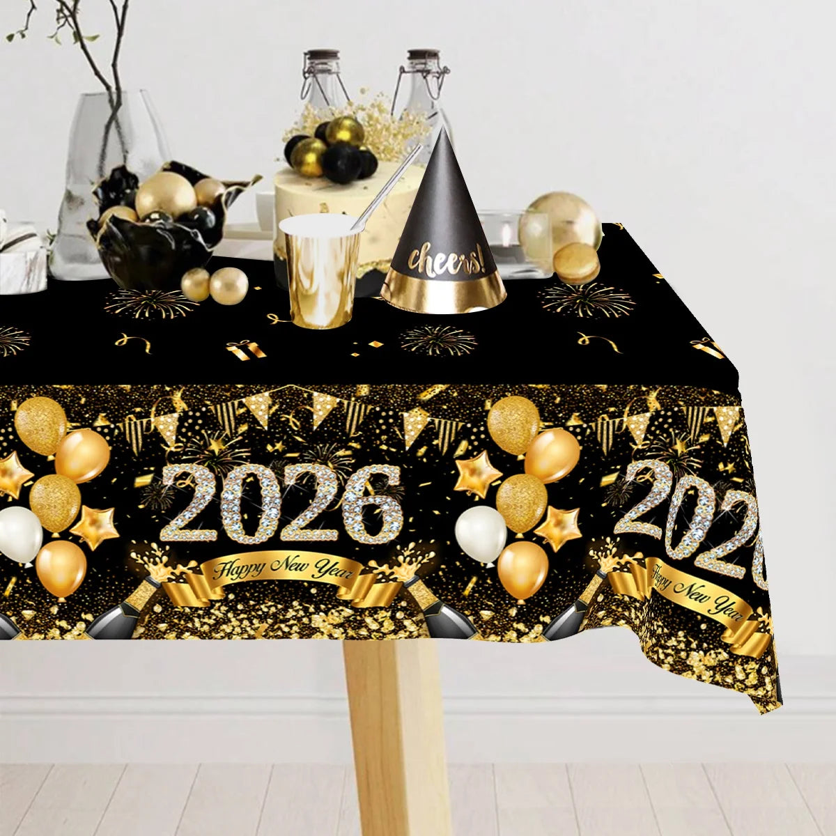 2026 Happy New Year Tablecloth Plastic Table Cover Happy New Year Decorations 2026 for Home Kitchen Dinning Room Table Decor