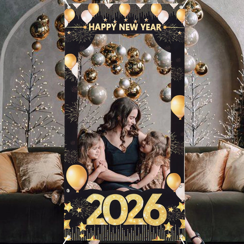 2026 Happy New Year Photo Frame Photo Booth Props Firework Shiny New Year Background Prop Golden Balloon Photography Backdrop