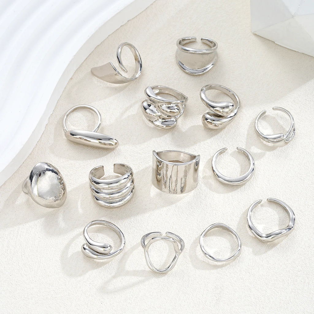 14 Piece Simple Luxury Ring Set for Women Fashion Smooth Wide Face Irregular Geometric Rings Daily Party Wear Jewelry Gifts New