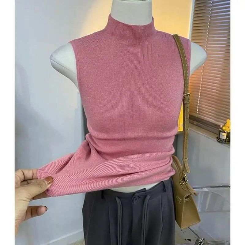 Sweater Vests Women Simple Half High Collar Fashion Autumn Basic Slim Sleeveless Sweaters All-match Ulzzang Leisure Knitting Ins
