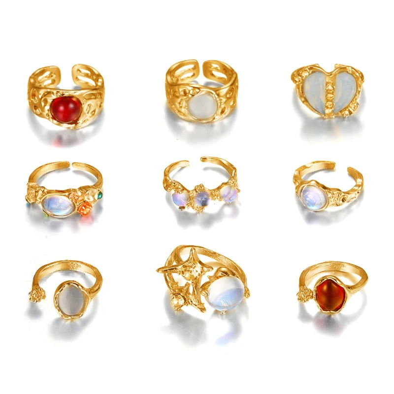 9 Pieces/Set Fashion Women's Gold Color Wide Faceted Irregular Rings for Women's Daily Casual and Multifunctional Jewelry Gifts
