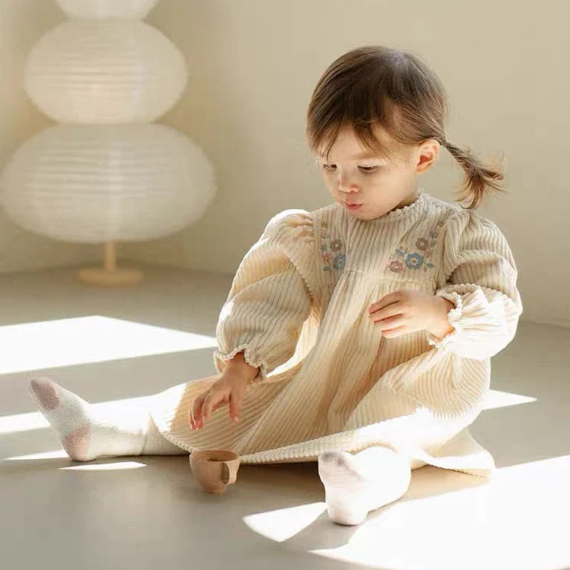 Kids Outfits Autumn Baby Girl Corduroy Princess Dress Embroidered Flowers Puff Sleeve Dress Children Retro Casual Loose Dresses