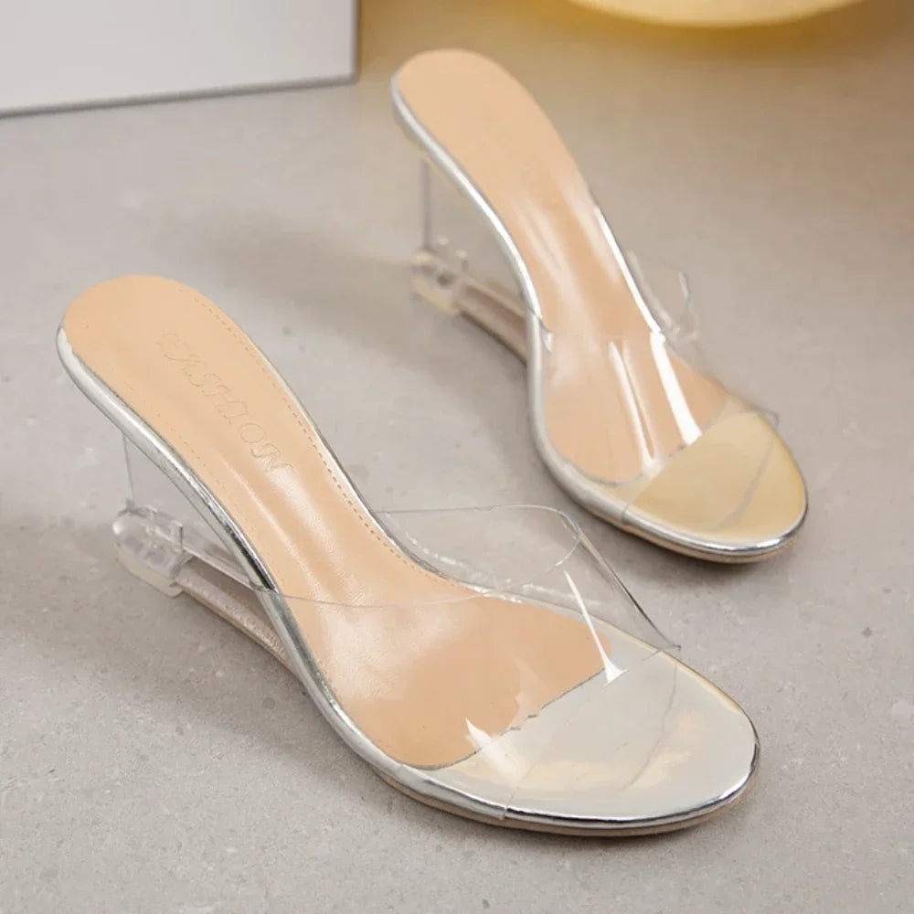 2025Shoes for Women Summer New Fashion Slip-on  High Heels Crystal Wedge  Female Peep Toe Casual   Slippers
