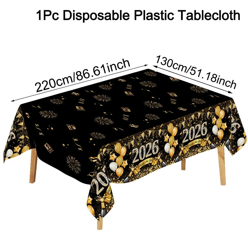 2026 Happy New Year Tablecloth Plastic Table Cover Happy New Year Decorations 2026 for Home Kitchen Dinning Room Table Decor