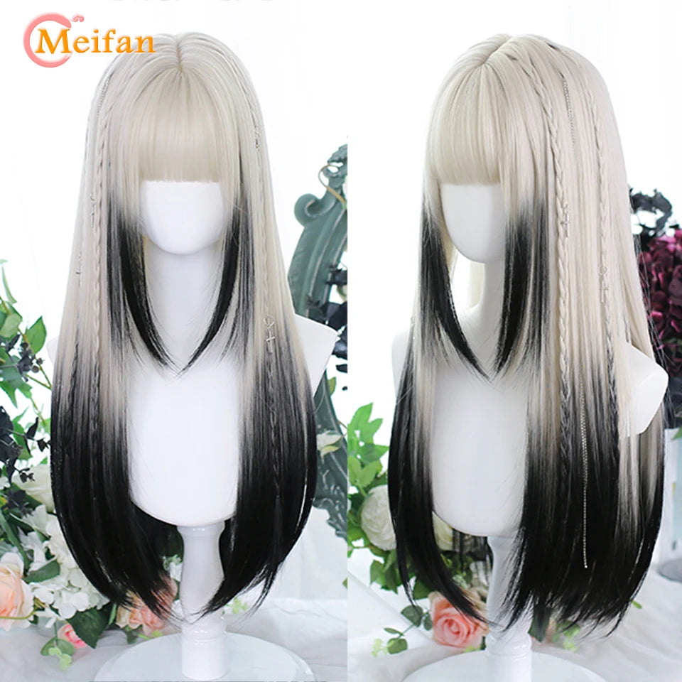 MEIFAN Synthetic Long Straight Lolita Wig with Bang Red Ombre Black Cosplay Party Halloween Christmas Wavy Curly Harajuku Wig
