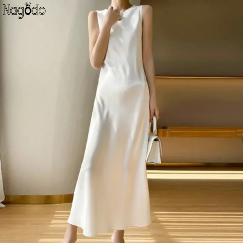 Woman's Long Dress Off Shoulder High Waist Silk Satin A-line Midi Dress O-neck Sleeveless Evening Dresses Robe Femme Sundress
