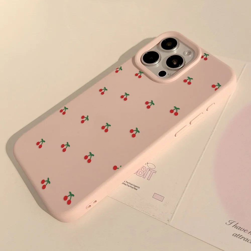 Cute Cartoon Cherry Pattern Phone Case For iPhone 17 16 15 14 13 12 11 Pro Max Plus Silicone Shockproof Cases Cover