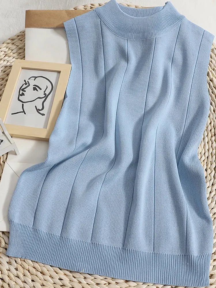 Spring Women Knitted Green Tank Tops Women Thin Tops Basic Casual Tank Tops O-neck Tees Sleeveless Tops For Women