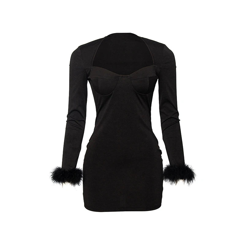 Oshfall  Autumn New Women Sexy Square Neck Solid Long Sleeved Dresses 2023 Fashion Hollow Out Dresses Party Club Clothing Hot