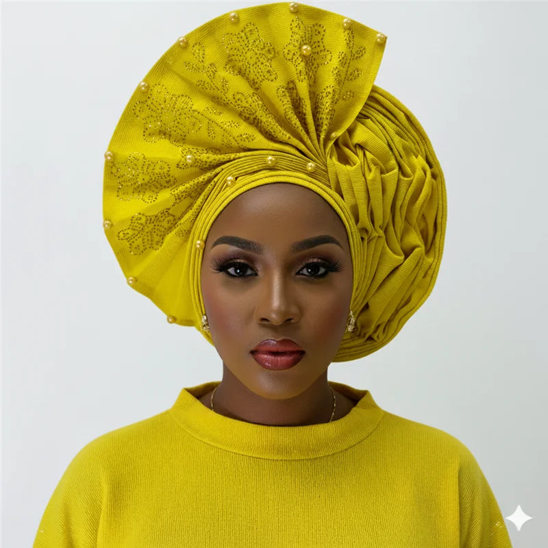 Nigerian gel headgear, with stone bead, already made auto, turban, afro aso ebi gel aso oke, wide brim headgear 7L111802