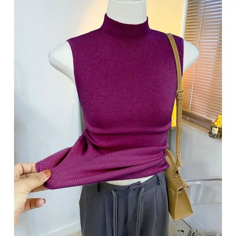 Sweater Vests Women Simple Half High Collar Fashion Autumn Basic Slim Sleeveless Sweaters All-match Ulzzang Leisure Knitting Ins