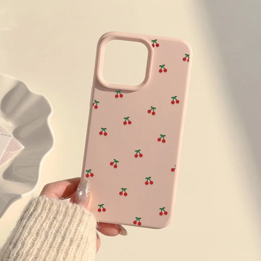 Cute Cartoon Cherry Pattern Phone Case For iPhone 17 16 15 14 13 12 11 Pro Max Plus Silicone Shockproof Cases Cover