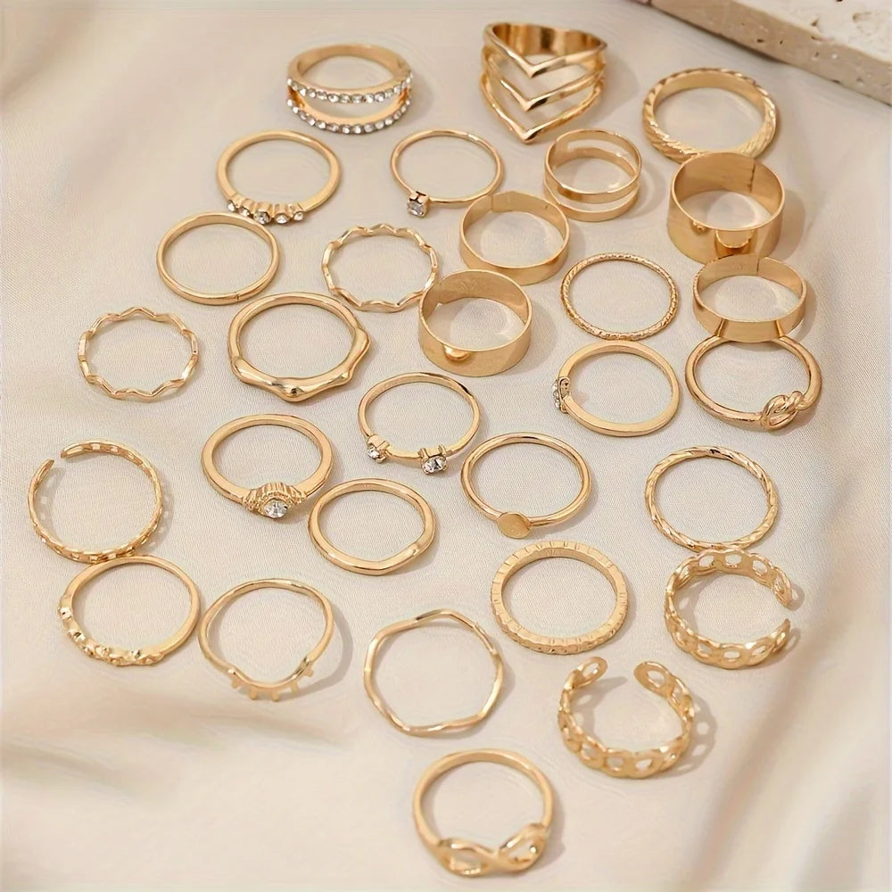 30pcs/set Elegant Stackable Rings Set With Shiny Rhinestone Inlaid, Fashion Infinity Knot Design, Vacation Style Perfect Stylish