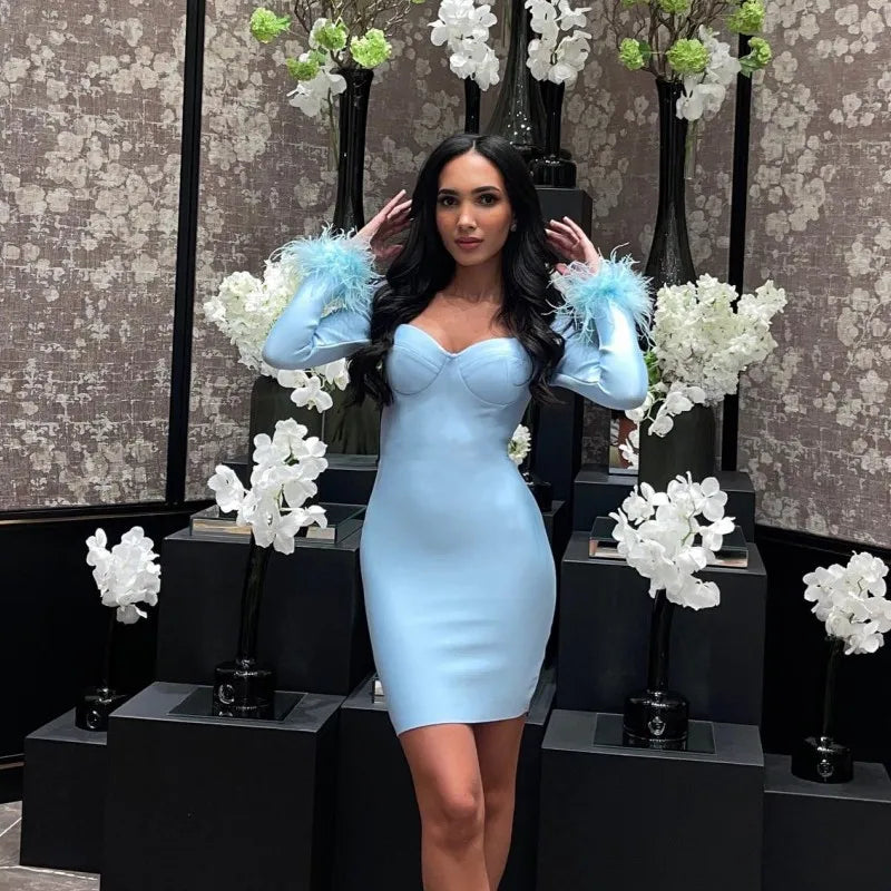 Oshfall  Autumn New Women Sexy Square Neck Solid Long Sleeved Dresses 2023 Fashion Hollow Out Dresses Party Club Clothing Hot