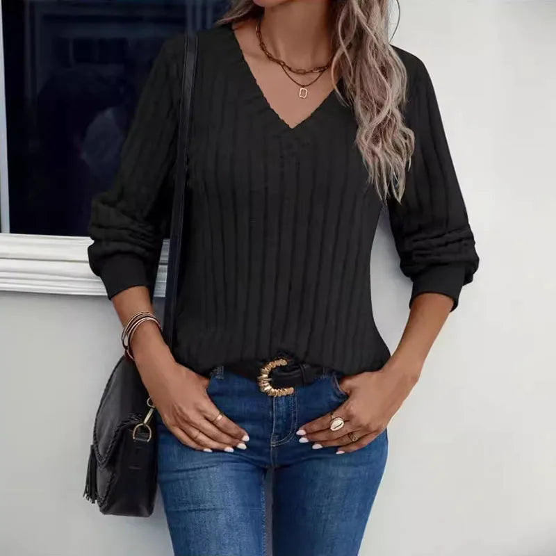 Sweater fashion with spring new women's V-neck knitted wool pit strip solid color long sleeve top