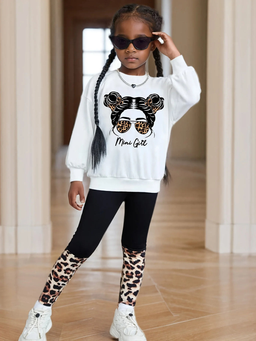 Girls' Autumn Outfit: Printed Round Neck Long-Sleeve Sweatshirt & Tight-Fitting 9-Point Pants, Fashionable Home Casual Versatile Two-Piece Set