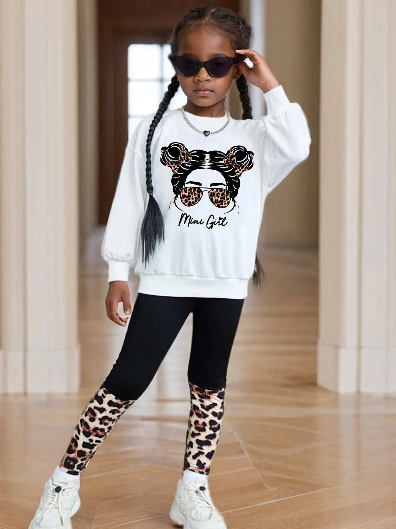 Girls' Autumn Outfit: Printed Round Neck Long-Sleeve Sweatshirt & Tight-Fitting 9-Point Pants, Fashionable Home Casual Versatile Two-Piece Set