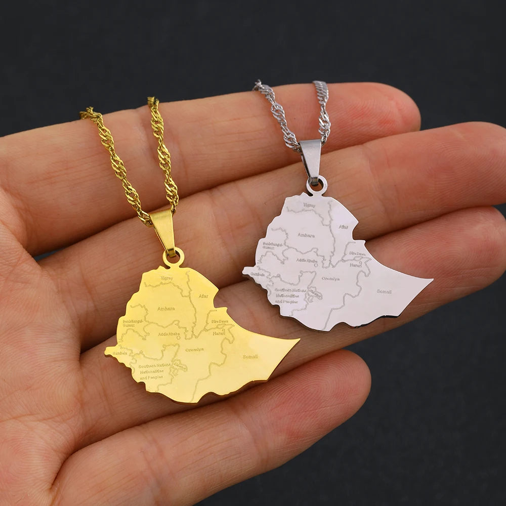 Fashion Ethiopia Map With City Name Pendant Necklaces Women Girls Stainless Steel Ethiopians Birthday Party Jewelry Gifts