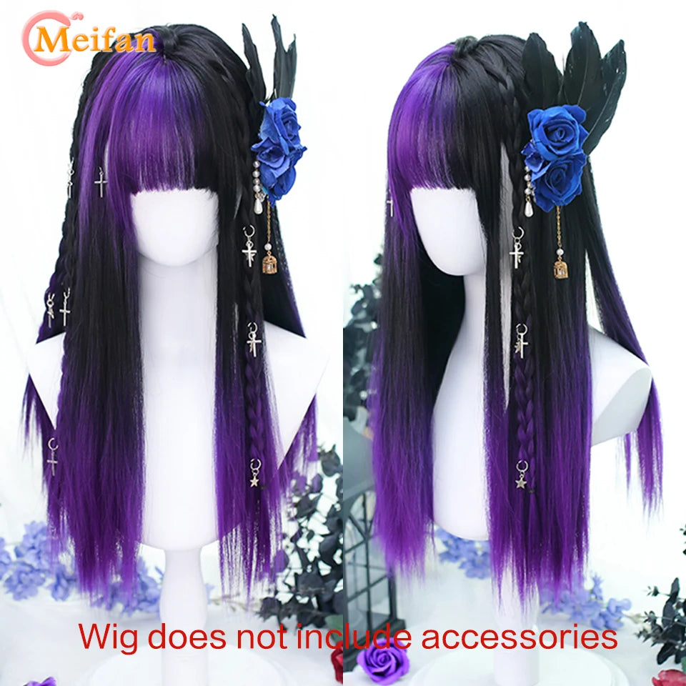 MEIFAN Synthetic Long Straight Lolita Wig with Bang Red Ombre Black Cosplay Party Halloween Christmas Wavy Curly Harajuku Wig